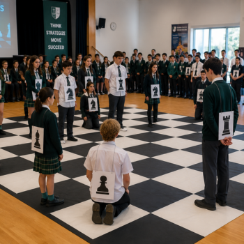 Students role-playing a human chess match on a floor-sized chessboard, wearing chess piece signs, while classmates watch.